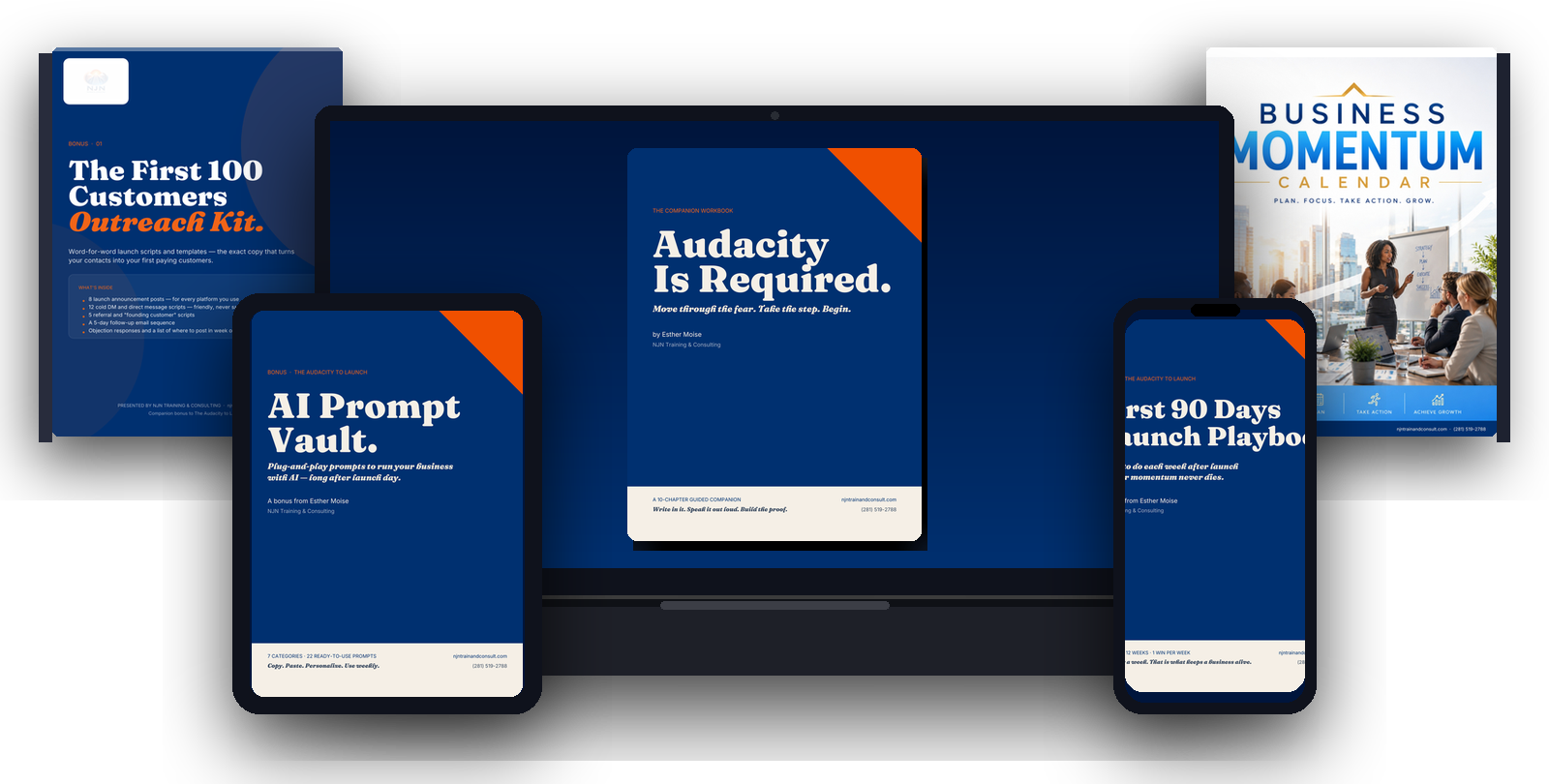 Your full bonus bundle, workbook, prompt vault, 90-day playbook, outreach kit, momentum calendar